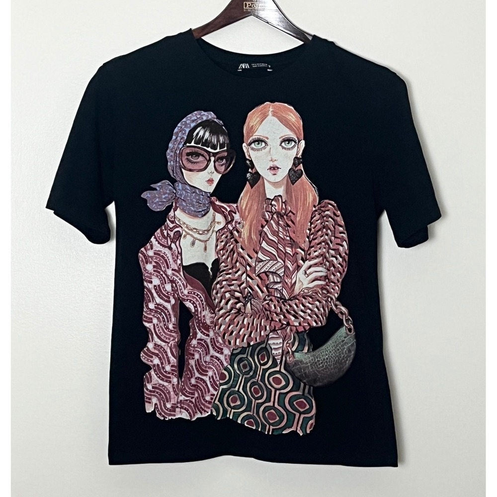 Zara Fashion Illustration Graphic Tee Womens Small Black Illustration Crew Neck